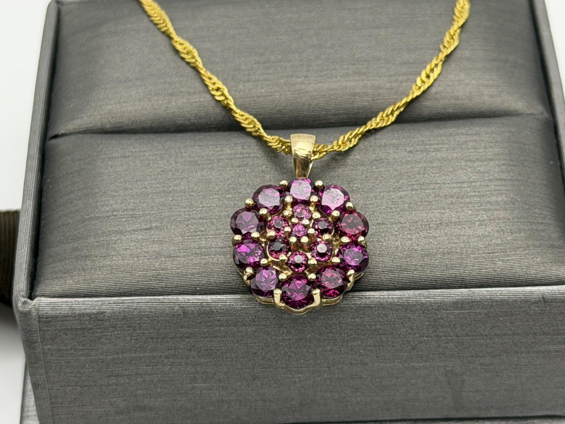 10k Gold Pink Tourmaline Cluster Pendant Floral Design w/ Gold Filled 18k Chain