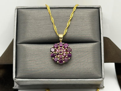 10k Gold Pink Tourmaline Cluster Pendant Floral Design w/ Gold Filled 18k Chain