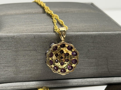 10k Gold Pink Tourmaline Cluster Pendant Floral Design w/ Gold Filled 18k Chain