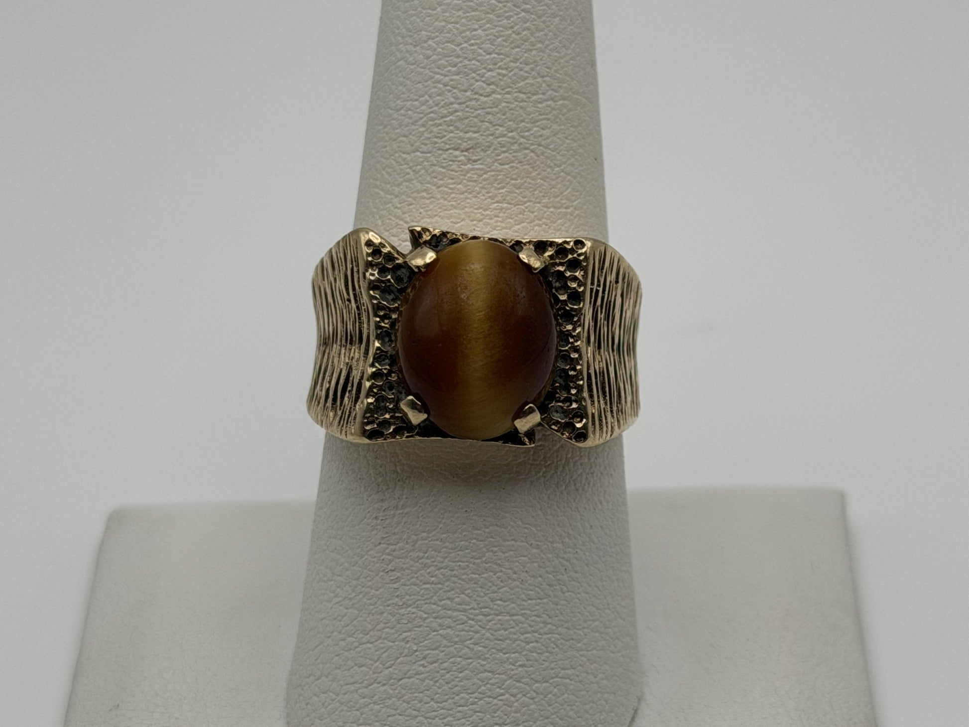 Heavy 14k Solid Gold Tiger Eye Cabochon Statement Ring 10.2gr Mens Wedding