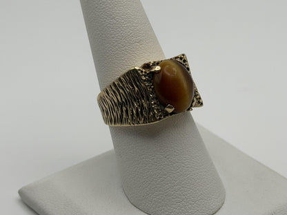 Heavy 14k Solid Gold Tiger Eye Cabochon Statement Ring 10.2gr Mens Wedding