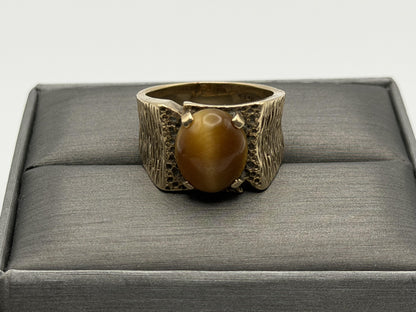 Heavy 14k Solid Gold Tiger Eye Cabochon Statement Ring 10.2gr Mens Wedding