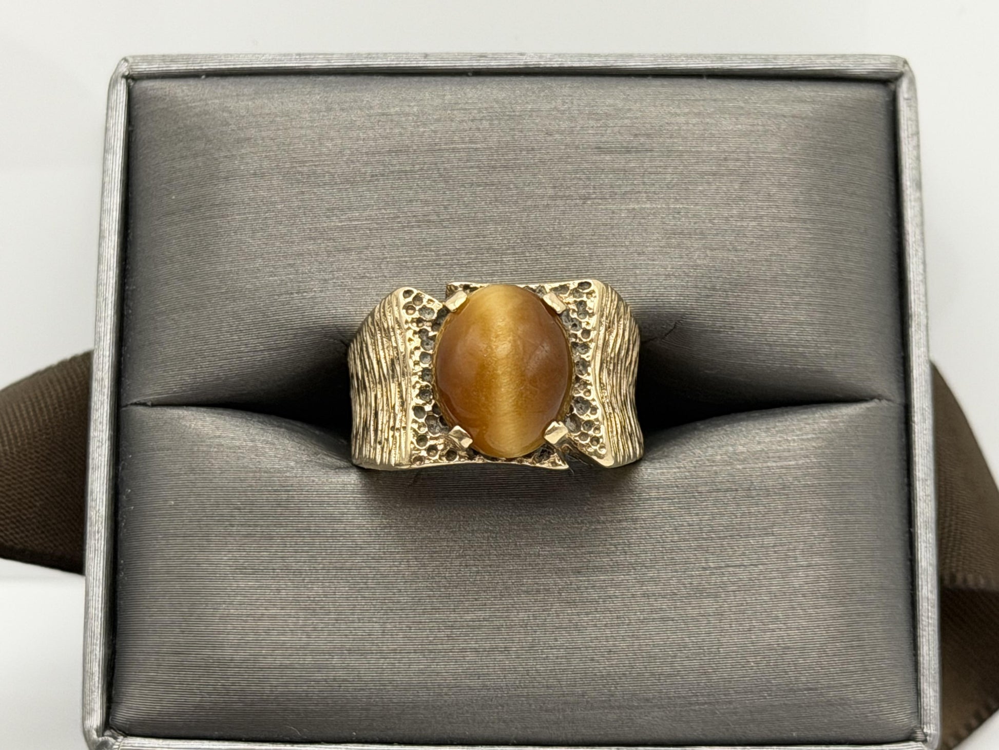 Heavy 14k Solid Gold Tiger Eye Cabochon Statement Ring 10.2gr Mens Wedding