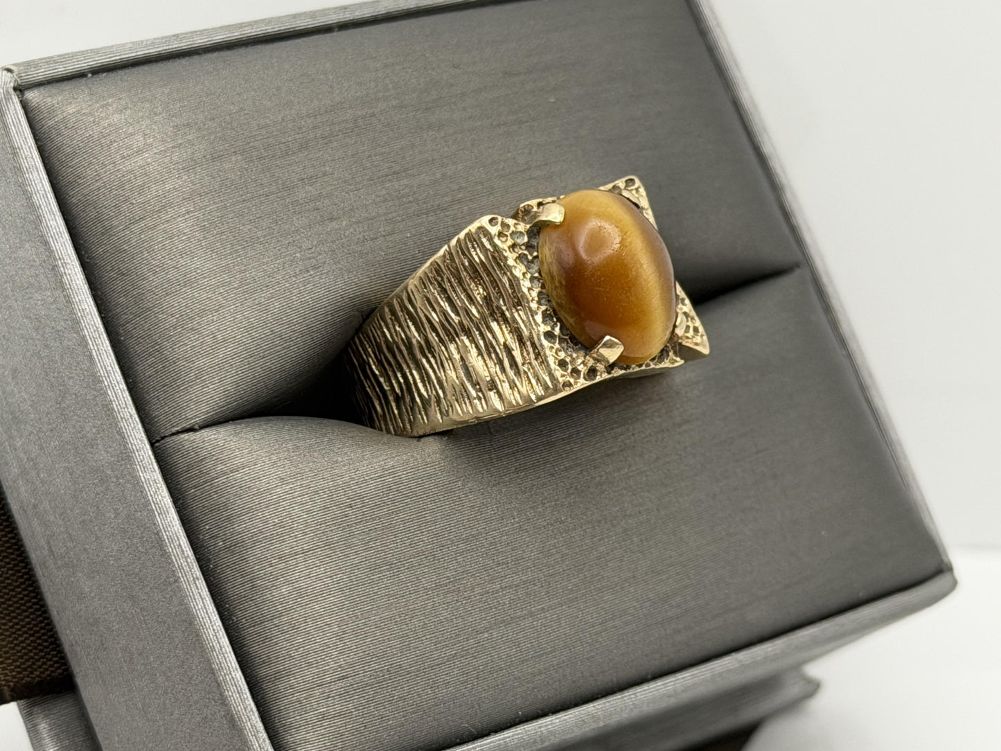 Heavy 14k Solid Gold Tiger Eye Cabochon Statement Ring 10.2gr Mens Wedding
