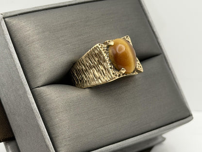Heavy 14k Solid Gold Tiger Eye Cabochon Statement Ring 10.2gr Mens Wedding