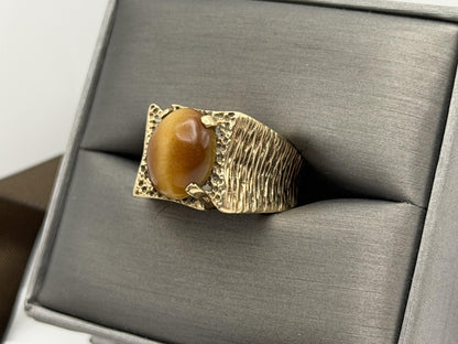 Heavy 14k Solid Gold Tiger Eye Cabochon Statement Ring 10.2gr Mens Wedding