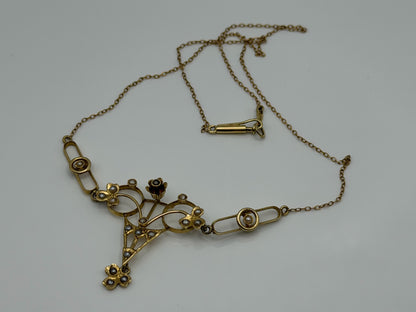 Antique Art Nouveau 14k Gold Seed Pearl Necklace. Victorian Floral Lavalier 14"