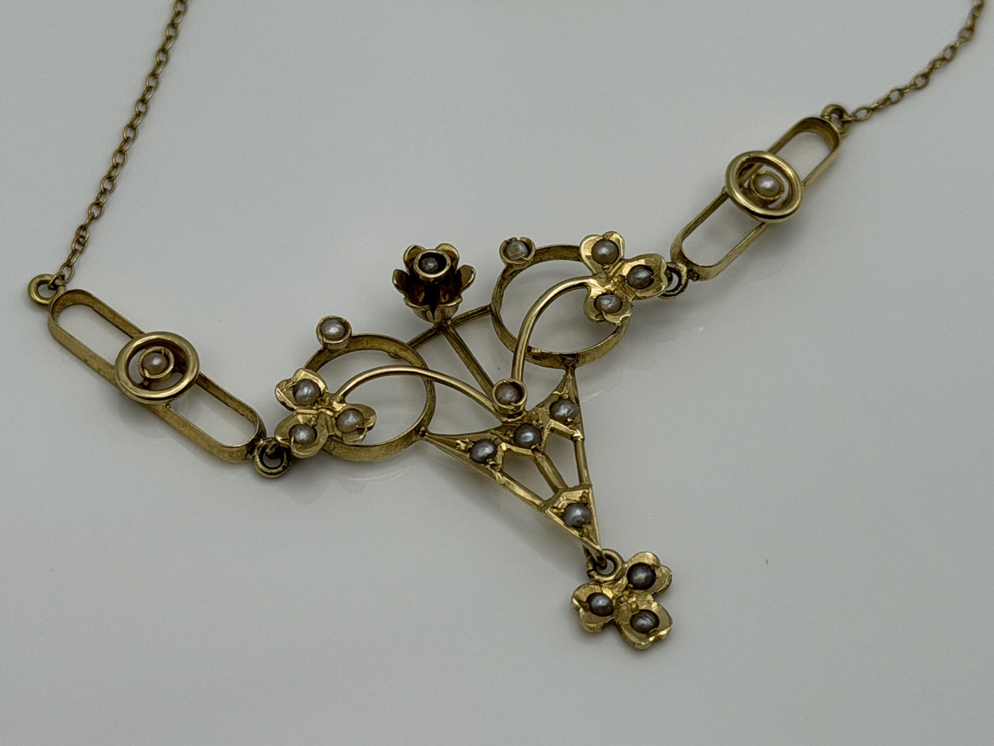 Antique Art Nouveau 14k Gold Seed Pearl Necklace. Victorian Floral Lavalier 14"