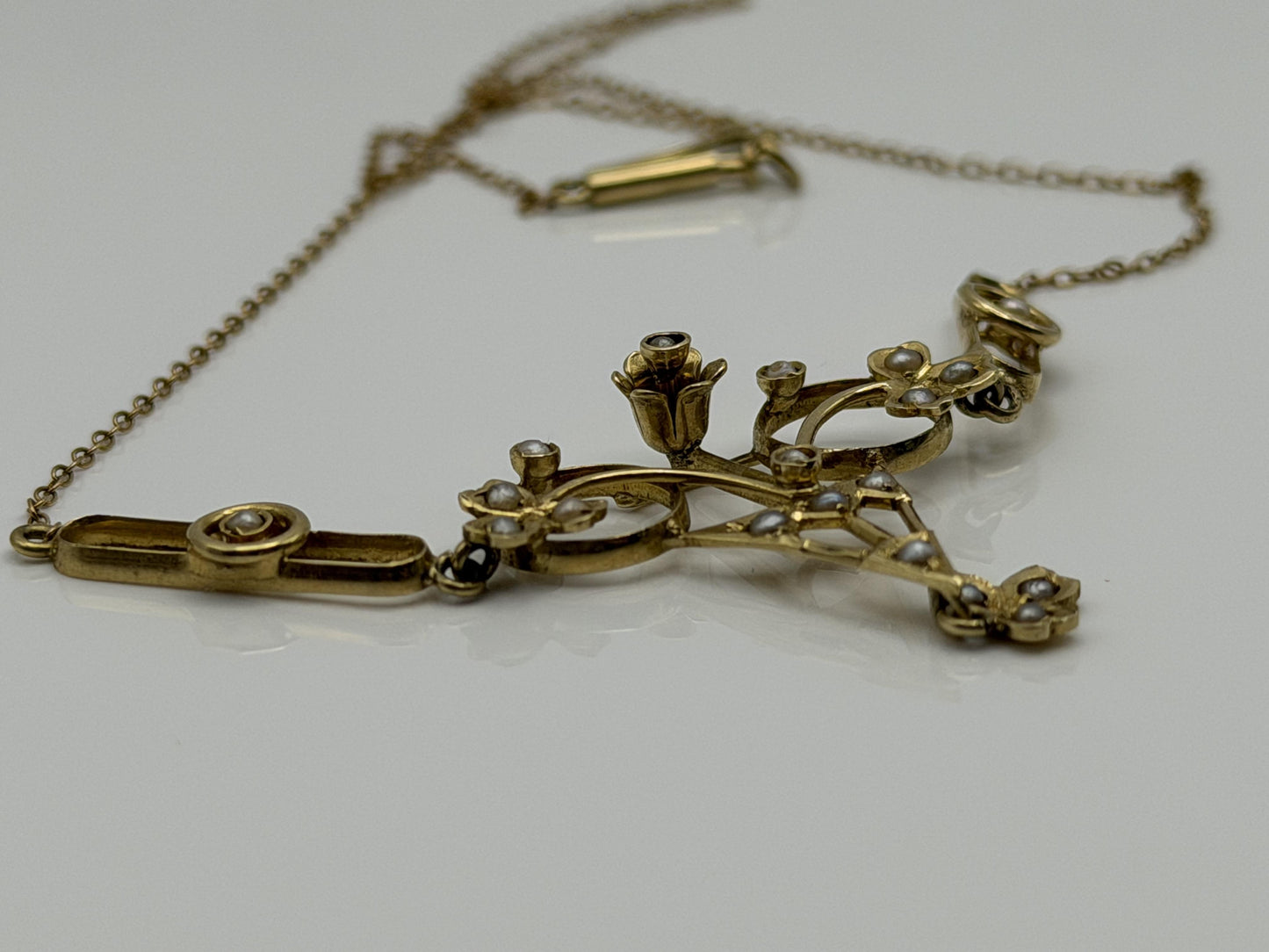 Antique Art Nouveau 14k Gold Seed Pearl Necklace. Victorian Floral Lavalier 14"