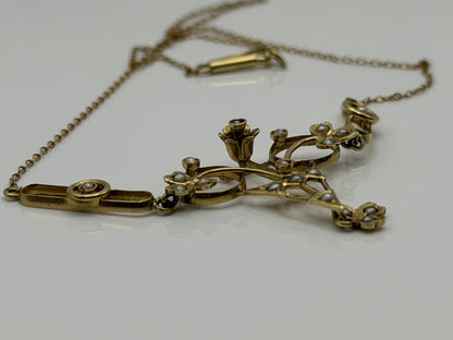Antique Art Nouveau 14k Gold Seed Pearl Necklace. Victorian Floral Lavalier 14"