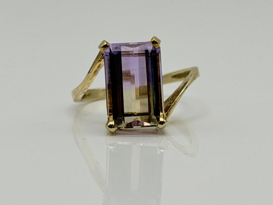 10k Vintage Emerald Cut Ametrine Ring Purple Yellow Cocktail Ring
