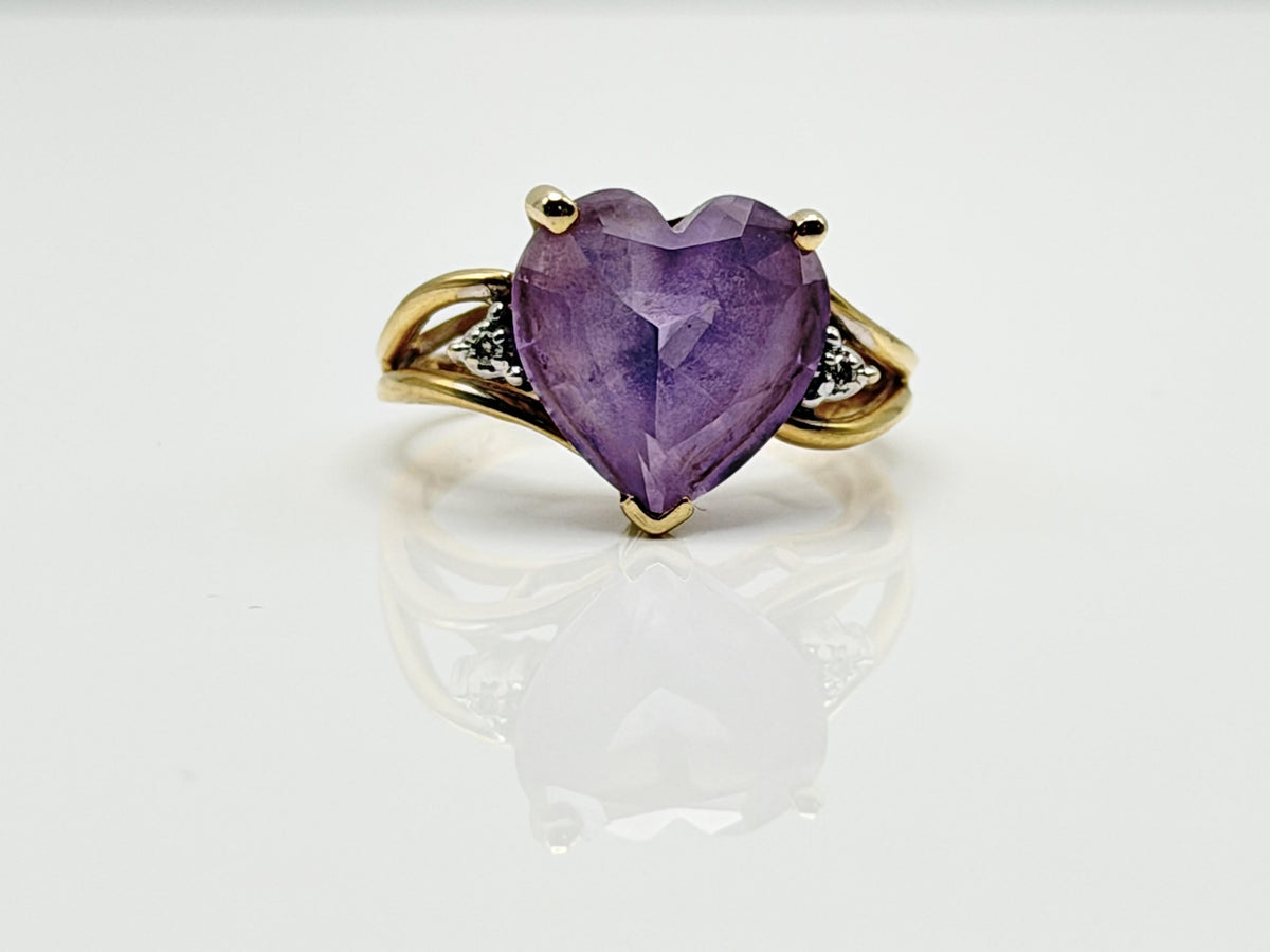 Vintage 14K Gold Heart Amethyst & Diamond Ring, Natural Amethyst Heart Ring