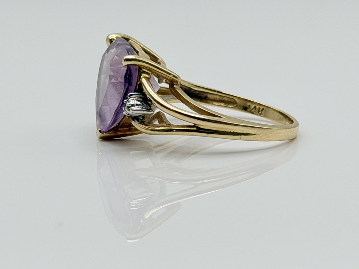 Vintage 14K Gold Heart Amethyst & Diamond Ring, Natural Amethyst Heart Ring