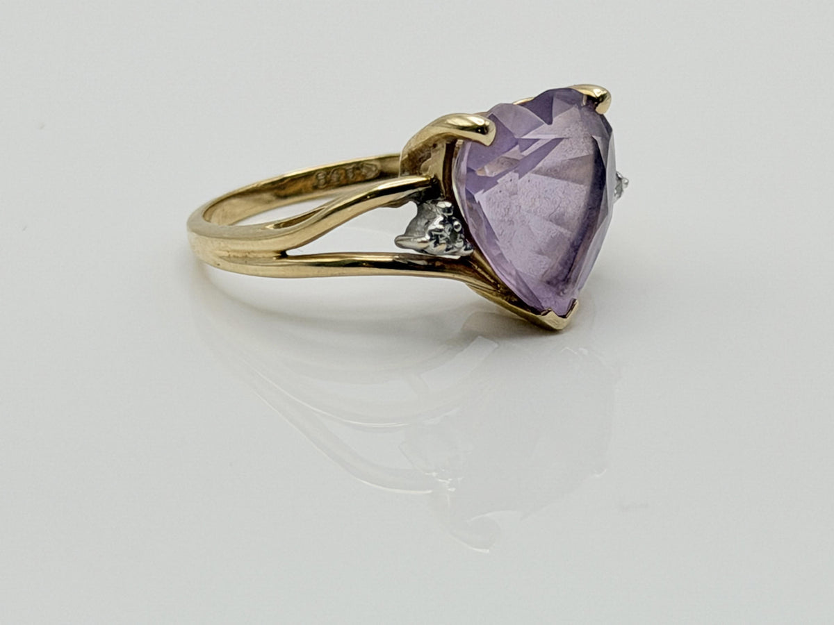 Vintage 14K Gold Heart Amethyst & Diamond Ring, Natural Amethyst Heart Ring