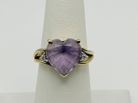 Vintage 14K Gold Heart Amethyst & Diamond Ring, Natural Amethyst Heart Ring