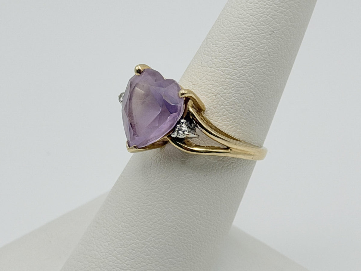 Vintage 14K Gold Heart Amethyst & Diamond Ring, Natural Amethyst Heart Ring