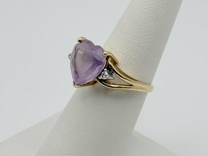 Vintage 14K Gold Heart Amethyst & Diamond Ring, Natural Amethyst Heart Ring