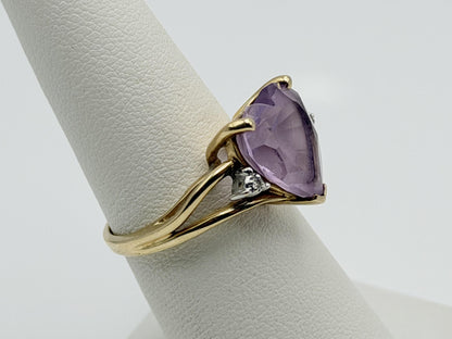 Vintage 14K Gold Heart Amethyst & Diamond Ring, Natural Amethyst Heart Ring