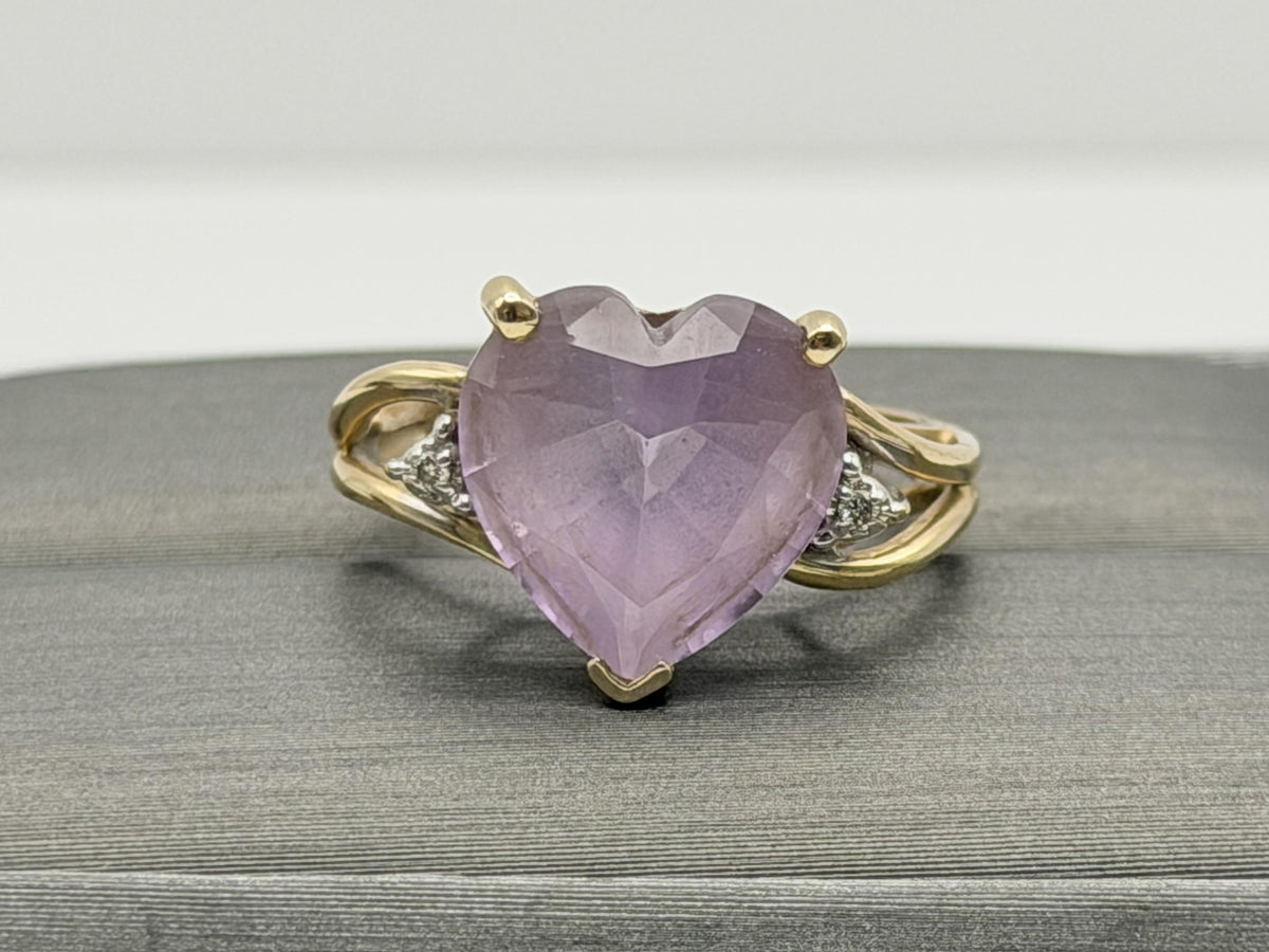 Vintage 14K Gold Heart Amethyst & Diamond Ring, Natural Amethyst Heart Ring