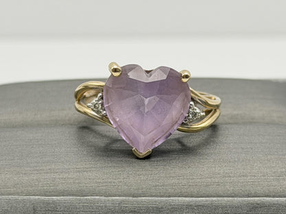 Vintage 14K Gold Heart Amethyst & Diamond Ring, Natural Amethyst Heart Ring
