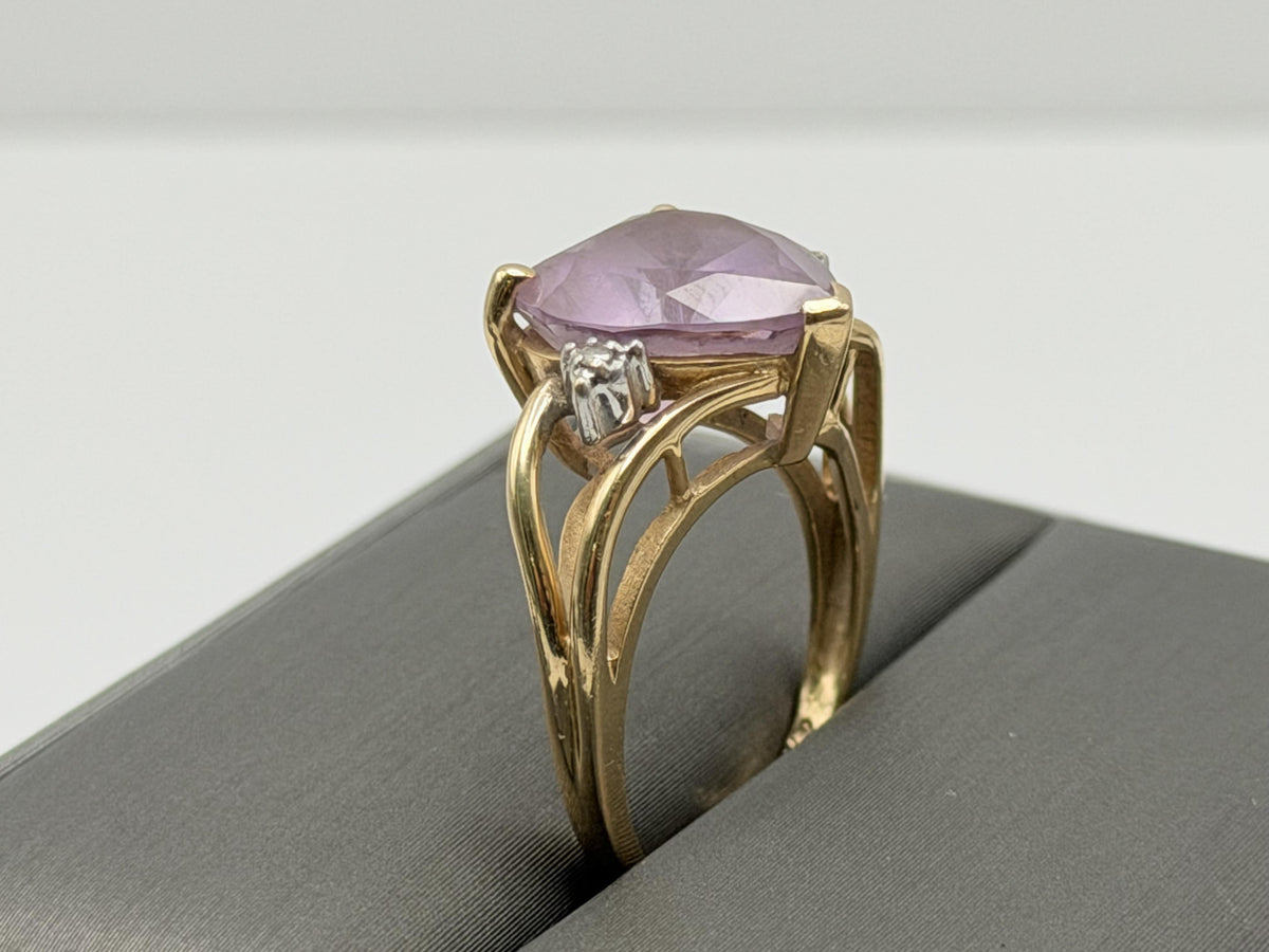 Vintage 14K Gold Heart Amethyst & Diamond Ring, Natural Amethyst Heart Ring