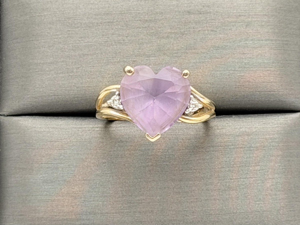 Vintage 14K Gold Heart Amethyst & Diamond Ring, Natural Amethyst Heart Ring