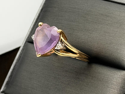 Vintage 14K Gold Heart Amethyst & Diamond Ring, Natural Amethyst Heart Ring