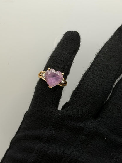 Vintage 14K Gold Heart Amethyst & Diamond Ring, Natural Amethyst Heart Ring