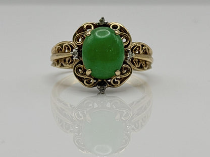 Vintage 14K Gold Jadeite & Diamond Ring Natural Green Jade Cabochon Filigree