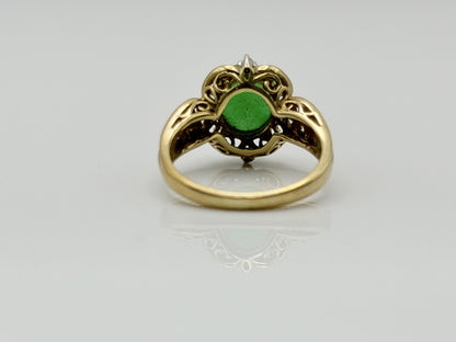 Vintage 14K Gold Jadeite & Diamond Ring Natural Green Jade Cabochon Filigree