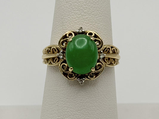Vintage 14K Gold Jadeite & Diamond Ring Natural Green Jade Cabochon Filigree