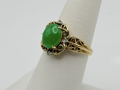 Vintage 14K Gold Jadeite & Diamond Ring Natural Green Jade Cabochon Filigree