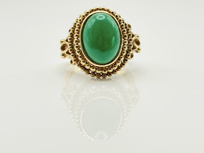 Vintage 10K Yellow Gold Green Onyx Statement Ring Ornate Beaded Design