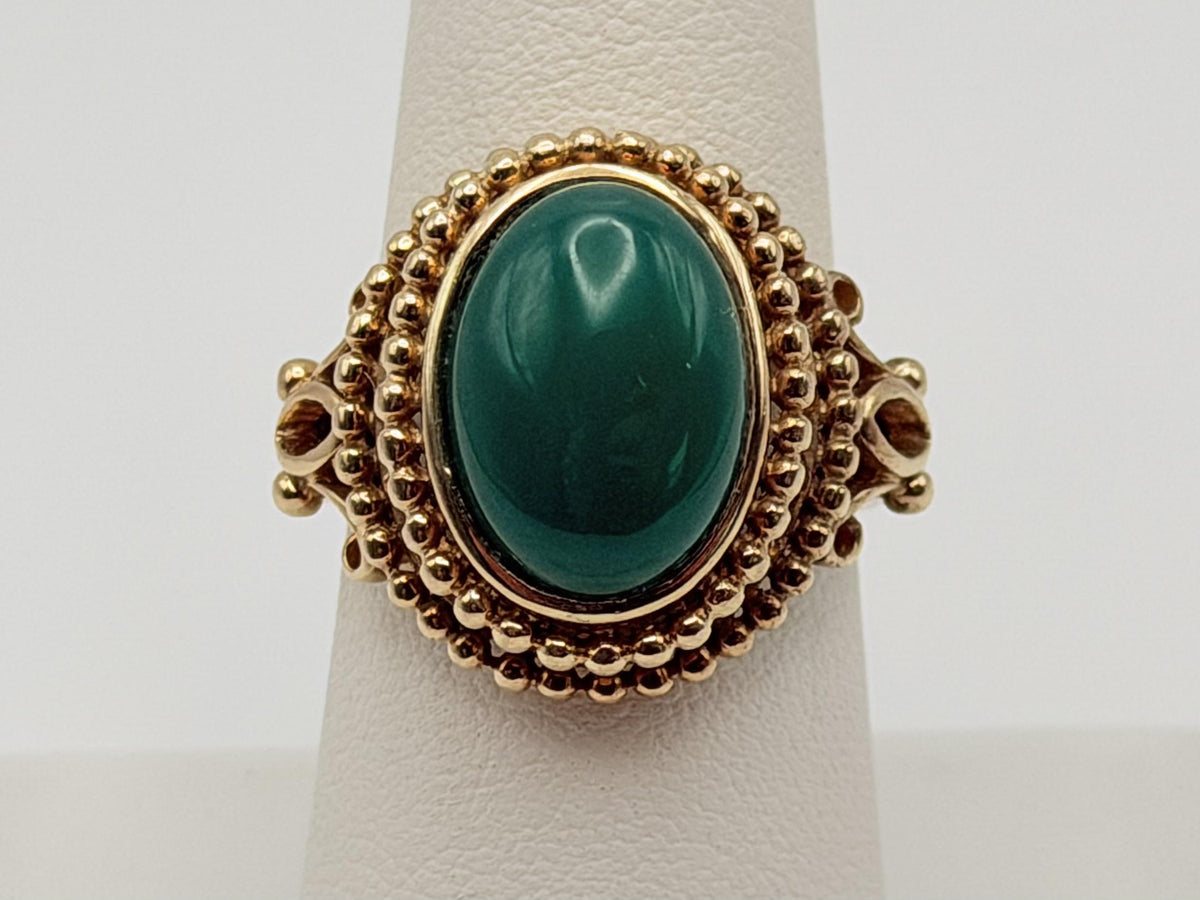 Vintage 10K Yellow Gold Green Onyx Statement Ring Ornate Beaded Design