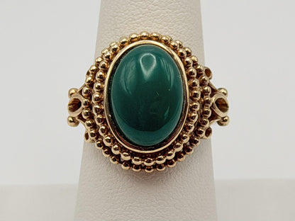 Vintage 10K Yellow Gold Green Onyx Statement Ring Ornate Beaded Design