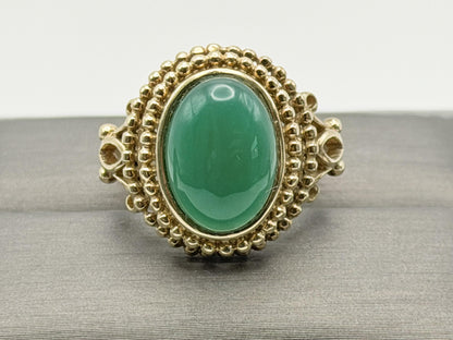 Vintage 10K Yellow Gold Green Onyx Statement Ring Ornate Beaded Design