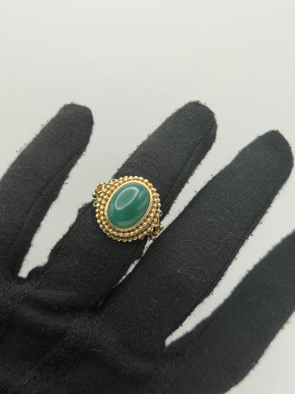Vintage 10K Yellow Gold Green Onyx Statement Ring Ornate Beaded Design