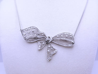 Antique Platinum Diamond Bow Necklace 2.71 CTW Old European & Rose Cut Diamonds