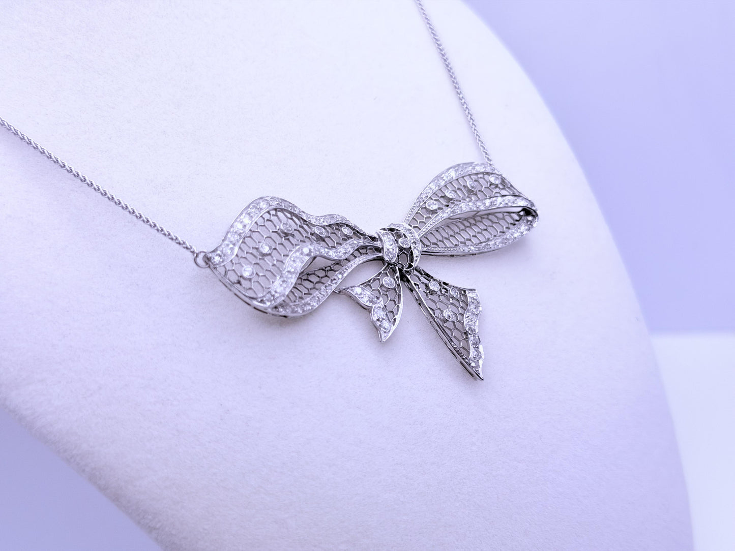 Antique Platinum Diamond Bow Necklace 2.71 CTW Old European & Rose Cut Diamonds