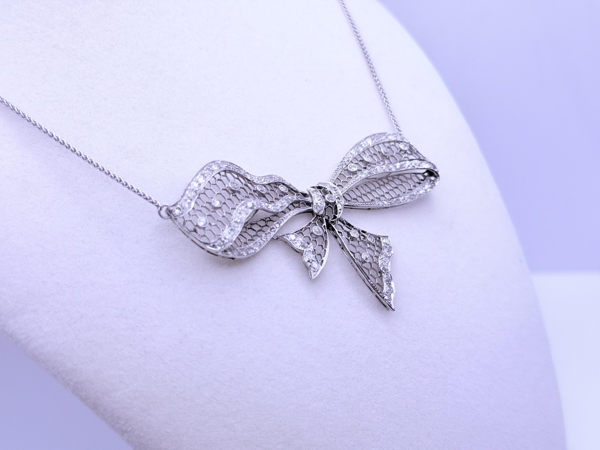 Antique Platinum Diamond Bow Necklace 2.71 CTW Old European & Rose Cut Diamonds