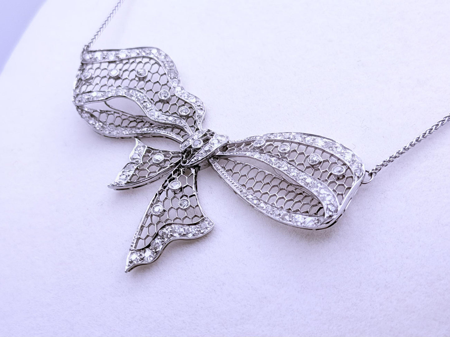 Antique Platinum Diamond Bow Necklace 2.71 CTW Old European & Rose Cut Diamonds