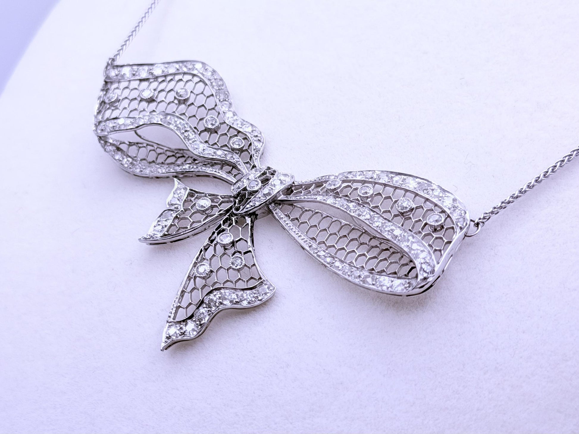 Antique Platinum Diamond Bow Necklace 2.71 CTW Old European & Rose Cut Diamonds