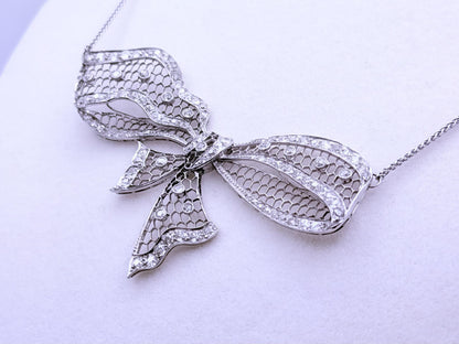 Antique Platinum Diamond Bow Necklace 2.71 CTW Old European & Rose Cut Diamonds