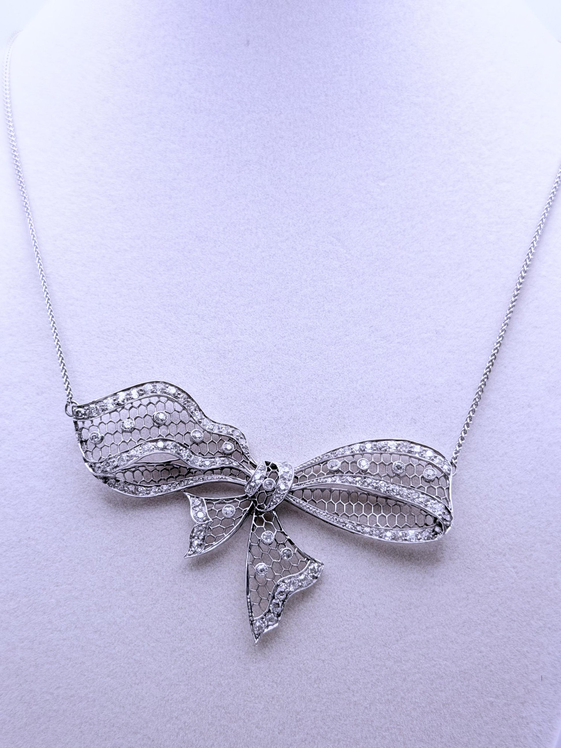 Antique Platinum Diamond Bow Necklace 2.71 CTW Old European & Rose Cut Diamonds