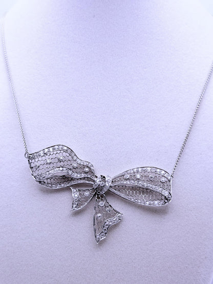 Antique Platinum Diamond Bow Necklace 2.71 CTW Old European & Rose Cut Diamonds