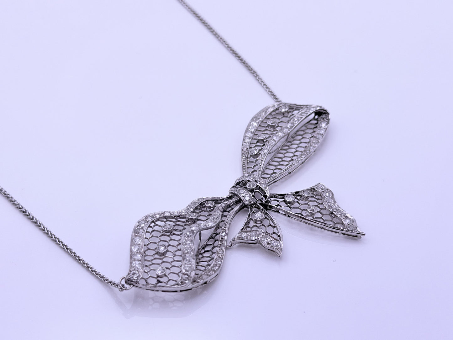 Antique Platinum Diamond Bow Necklace 2.71 CTW Old European & Rose Cut Diamonds
