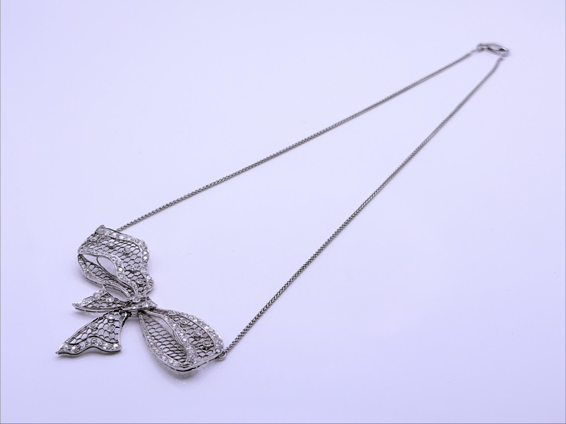 Antique Platinum Diamond Bow Necklace 2.71 CTW Old European & Rose Cut Diamonds