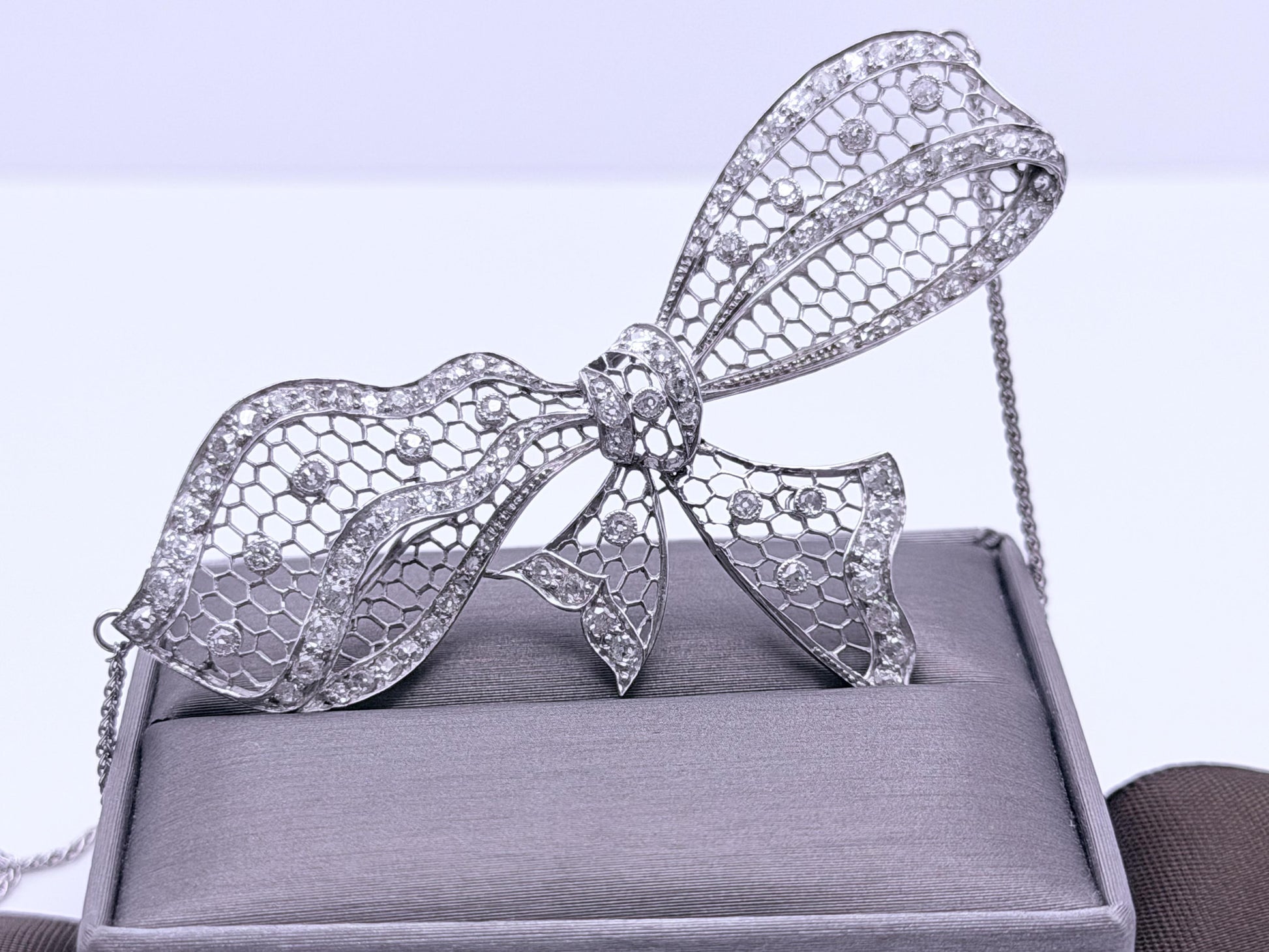 Antique Platinum Diamond Bow Necklace 2.71 CTW Old European & Rose Cut Diamonds