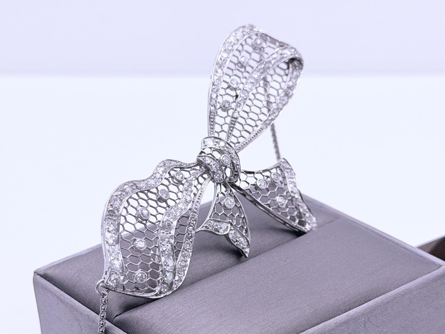 Antique Platinum Diamond Bow Necklace 2.71 CTW Old European & Rose Cut Diamonds