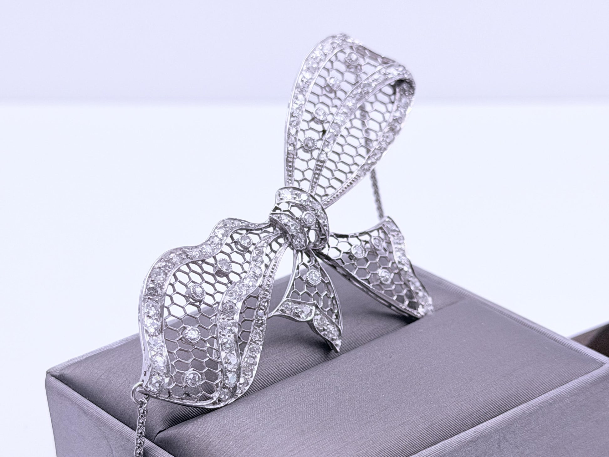 Antique Platinum Diamond Bow Necklace 2.71 CTW Old European & Rose Cut Diamonds